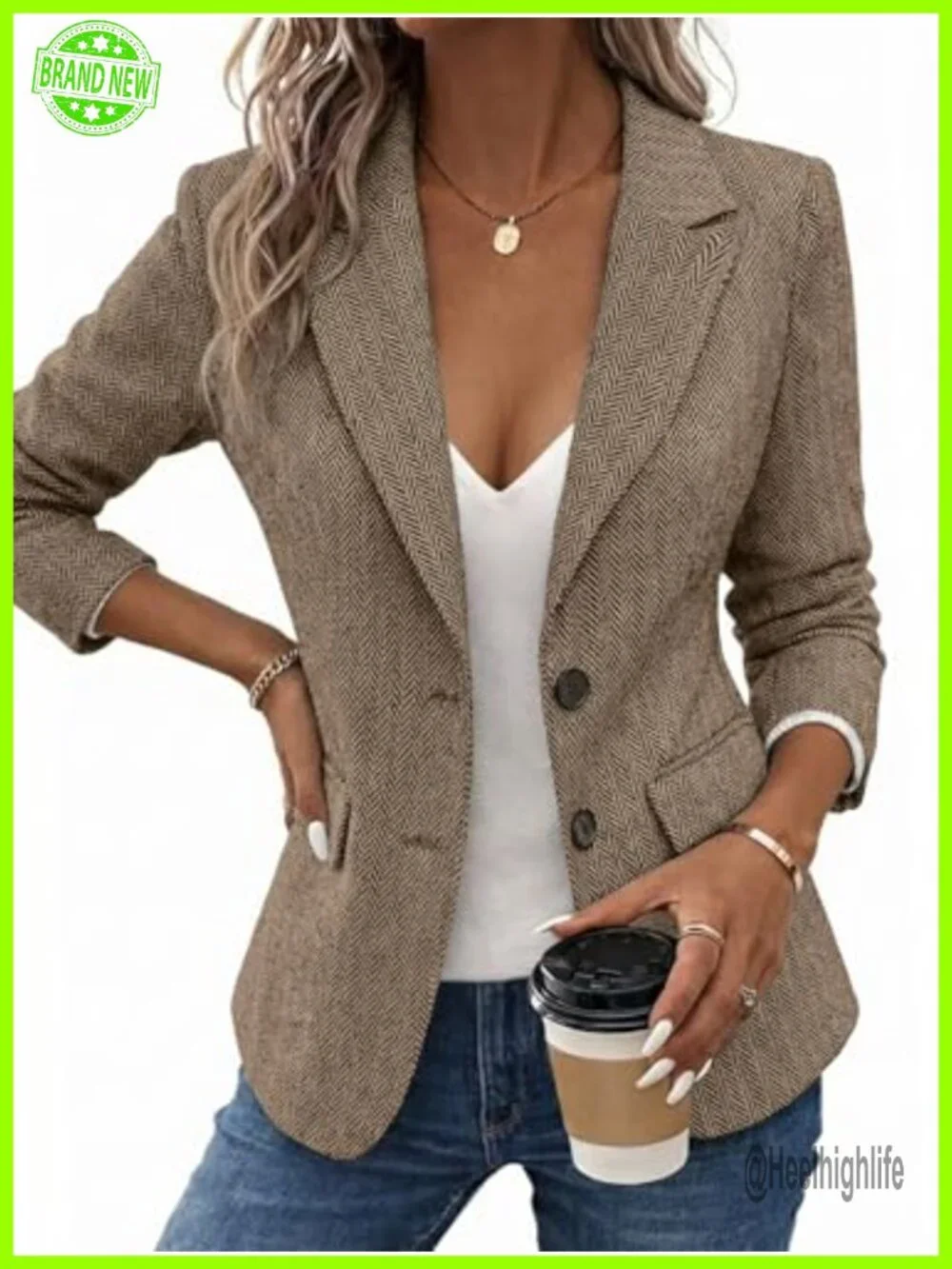 Herringbone Tweed Blazer Jacket Notched Lapel Fully Lined Work Office Coat